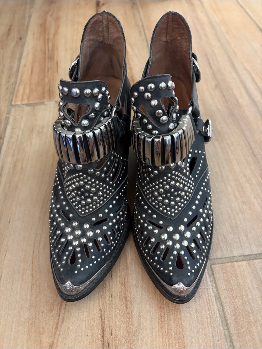 Jeffrey Campbell Black Studded Pointed Buckle Booties